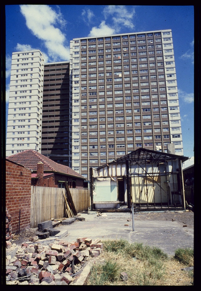 External coloured photo of housing commission towers in Richmond