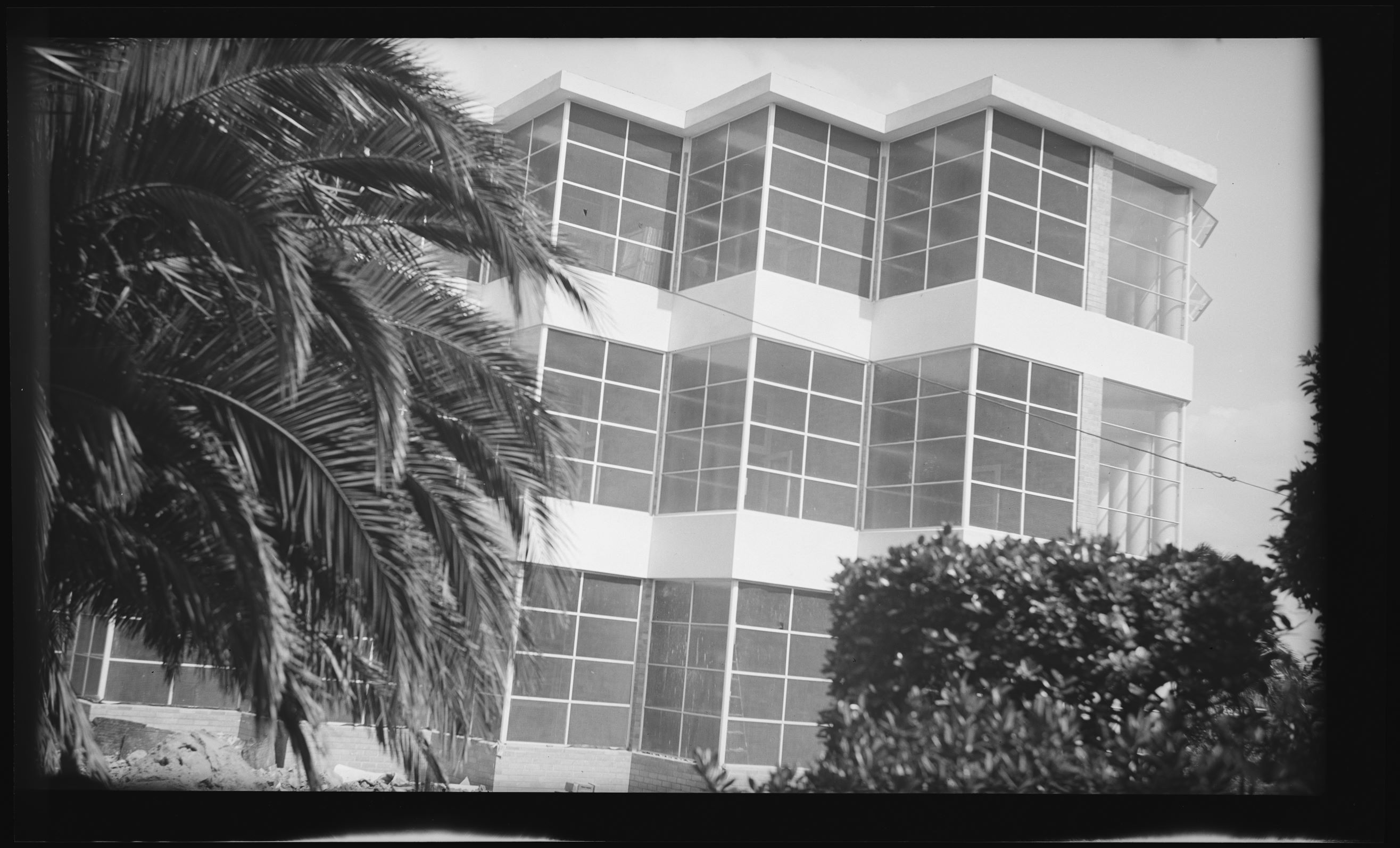 Black and white photo of Fairfield infectious diseases hospital glass windows