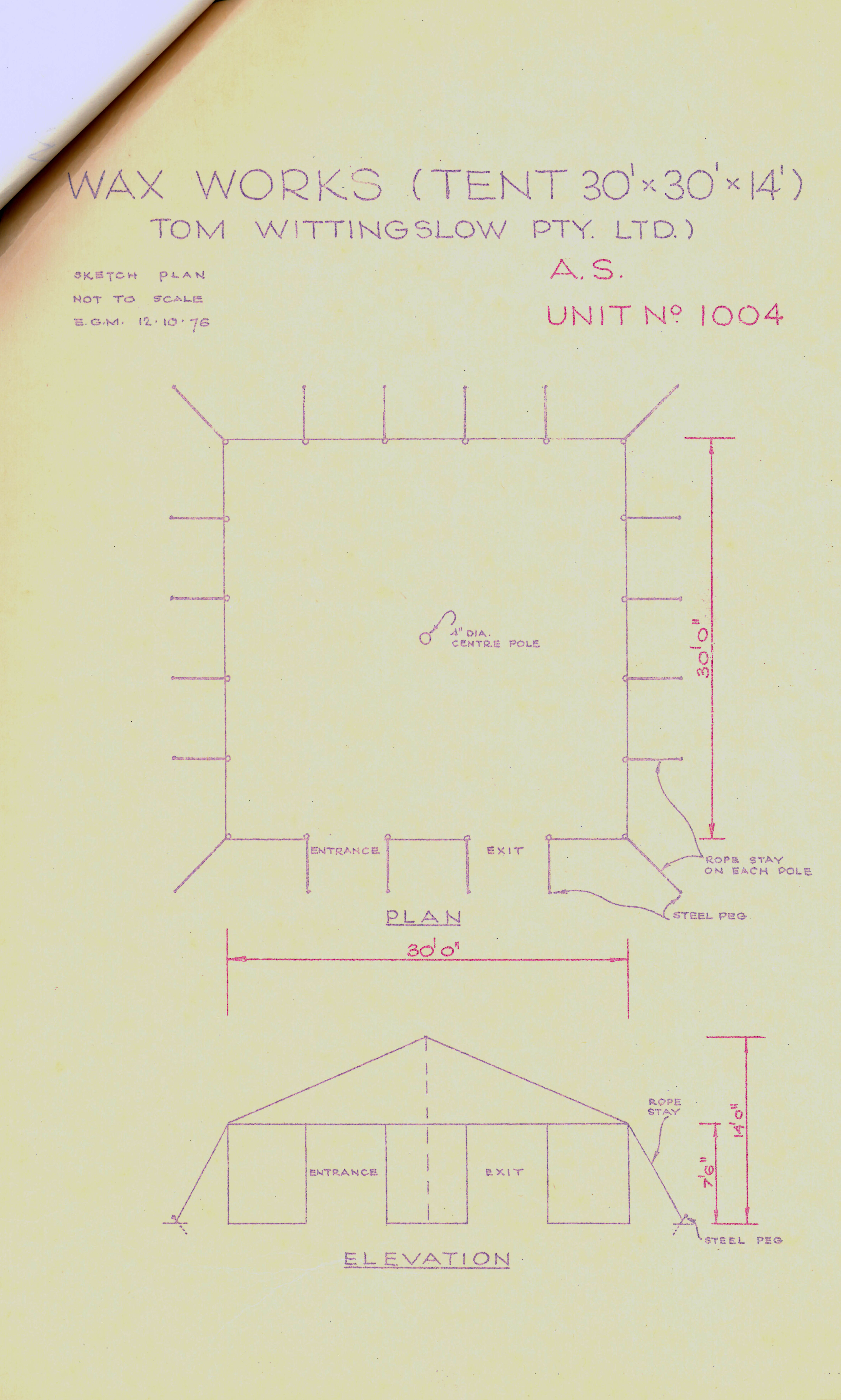 plans for the wax works tent, a square shaped, very simple drawing