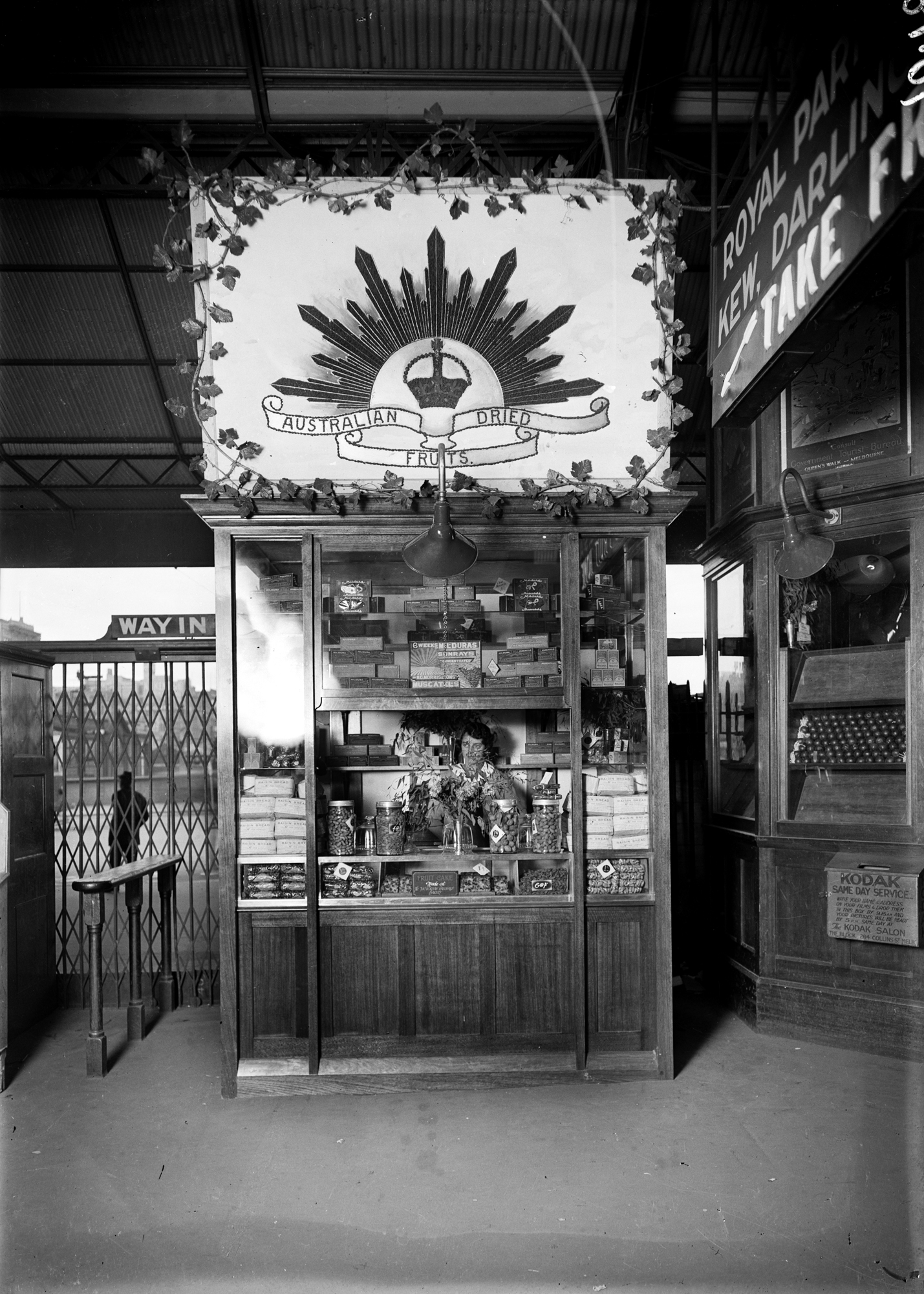 Dried fruit stall at Flinders Street Station, circa 1920s