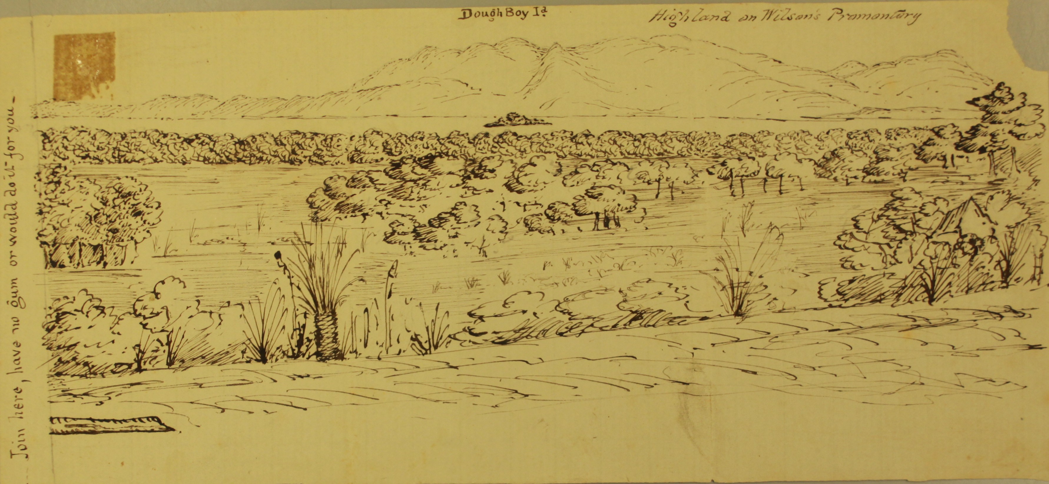 a sketch of trees and mountains in the distance