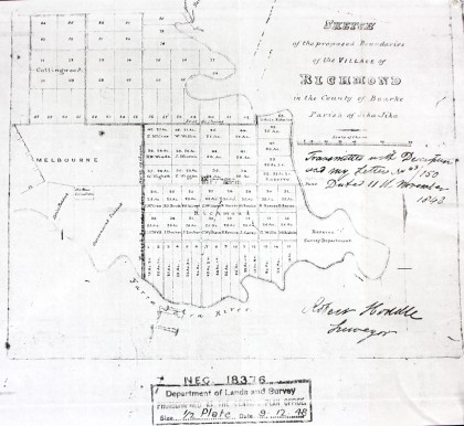 ‘Sketch of the proposed boundaries of the Village of Richmond in the County of Bourke, Parish of Jika Jika’ prepared by Robert Hoddle, November 1843