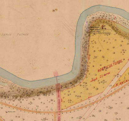 Detail of previous image, showing the location of Murphy’s Hut (bottom left corner) and the District Survey complex, including Hodgkinson’s cottage and the survey office, in the top centre of the plan
