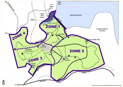 Plan of Maroondah Reservoir Park showing four zones. Zones 1 and 2 comprise the original extent of the Park (1927–1972).