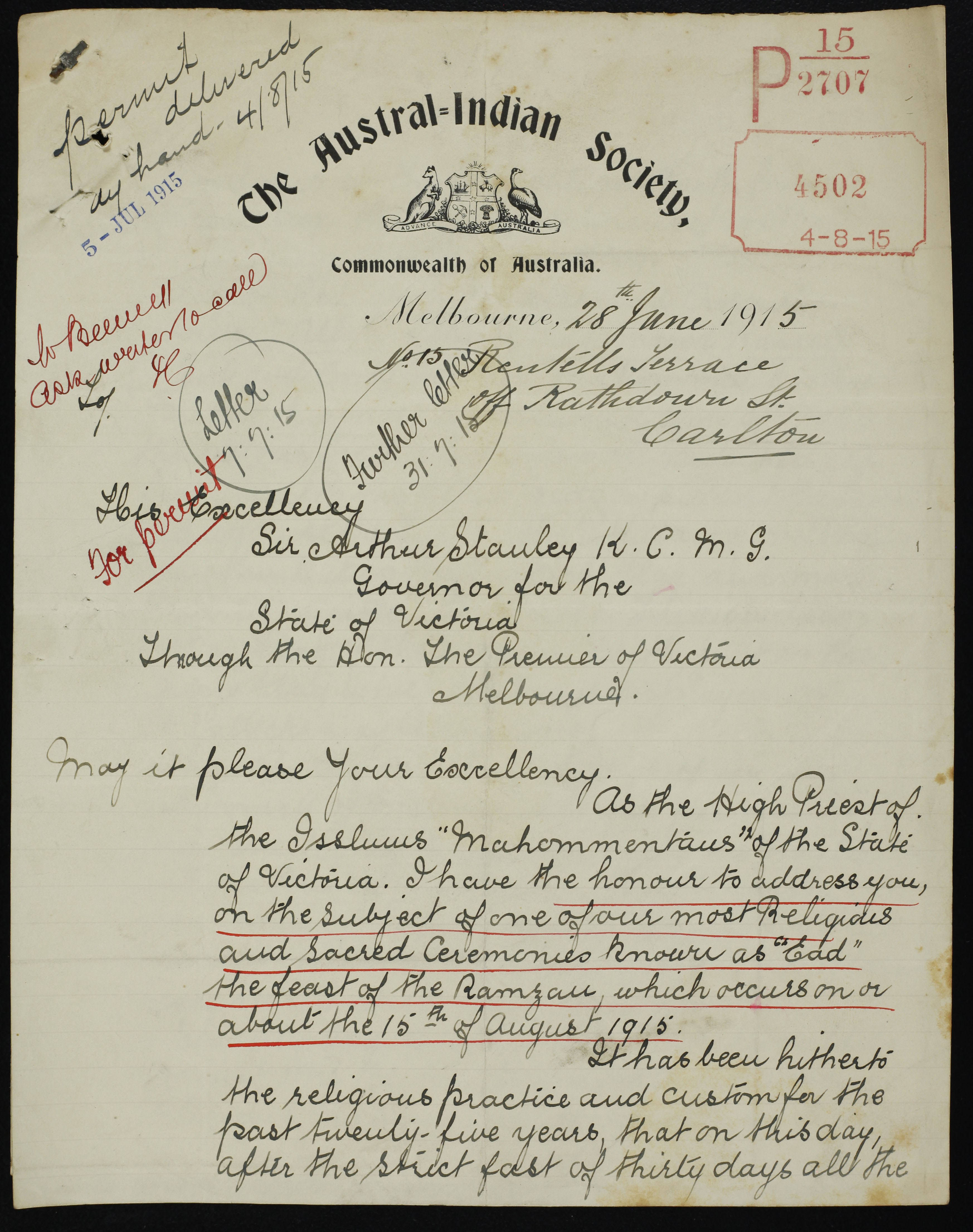Image of first page of letter from the Austral Indian Society to Governor of Victoria regarding Eid celebrations, 28 June 1915.