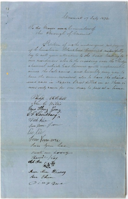 Petition dated 17 July 1872 from ‘the undersigned ratepayers Chinatown Blacklead Creswick’. PROV, VPRS 5921/P0, Unit 2. Transcriptionavailable on PROV Wiki.