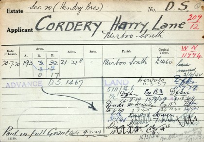 A card from PROV, VPRS 13982/P1 , unit 2, (Co-Do), showing the conversion of soldier settlement file 5111/86.6 (for Harry Lane Cordery) to closer settlement file number 209/12. 