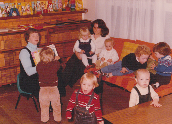 Colour photograph of teachers and children at Footscray High School Crèche, 1978.