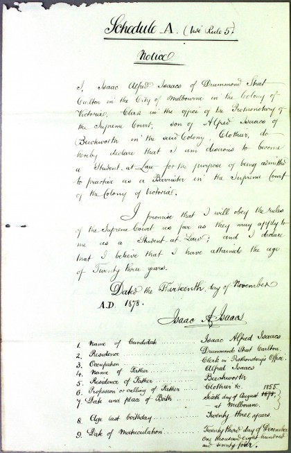 An example of a ‘Schedule A’ affidavit from the admission records of a barrister, Isaac Alfred Isaacs (1855–1948).