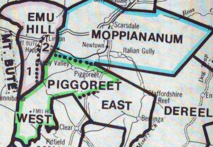 Boundaries of pastoral runs: Emu Hill, Moppiananum, Piggoreet West. 