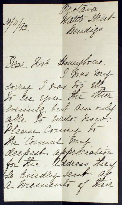 Mrs Connelly’s letter to Bendigo Council, 30 November 1892. BRAC, VPRS 16936/P1, Unit 35, Bundle 21-30 November 1892.