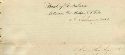 Letter from the manager of the Bank of Australasia advising the Mayor of Melbourne