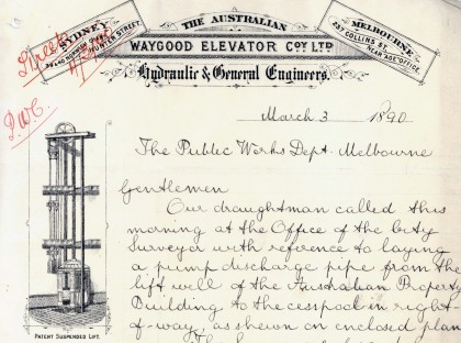 Letter from Waygood Elevator Company, Melbourne, dated 3 March 1890. 