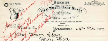 Letter from Beker’s Old White Hart Hotel, Melbourne, dated 24 November 1902