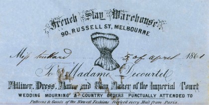 Letter from French Stay Warehouse, regarding payment to be made to Madame Decourtet, dated 5 April 1861.