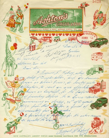 Letter from Ashton’s Circus, Australia, dated 29 November 1955. 