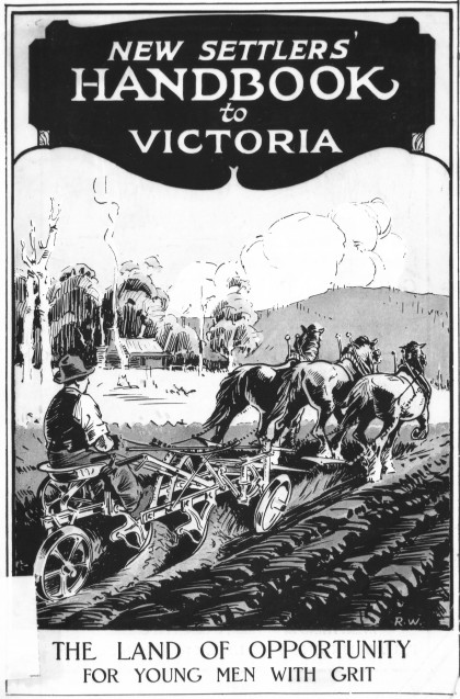 Handbook cover depicting a man using three horses to pull a plow