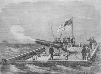Captain Elder’s gun raft manned by the Williamstown division of the Victorian Volunteer Naval Brigade. The illustrated Melbourne post, 18 February 1865, image courtesy of the State Library of Victoria.