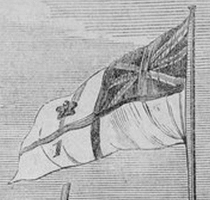 Most likely the letter T partially obscured by the fold in the flag. Detail from The illustrated Melbourne post, 18 February 1865.