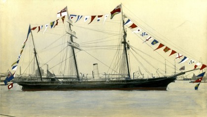 Her Majesty’s Colonial War Steamer Victoria, celebrating the visit of the Duke of Edinburgh, Prince Alfred, to Melbourne in 1867. The crew of theVictoria have ‘dressed ship’ and manned the yardarms. The photograph was hand-tinted for presentation to the ship’s commander, William Henry Norman. Reproduced courtesy of Captain Norman’s great-grandson, Martin Lemann.