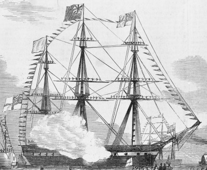  Detail from the engraving Departure of HMS Galatea from Hobson’s Bay, with the Victorian ensign flying from the foremast. The illustrated Melbourne post, 1 January 1868, image courtesy of State Library of Victoria.
