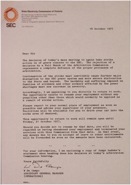 PROV, VPRS 9822/P1, Unit 1, File 3, Dismissal letter, 18 October 1977.