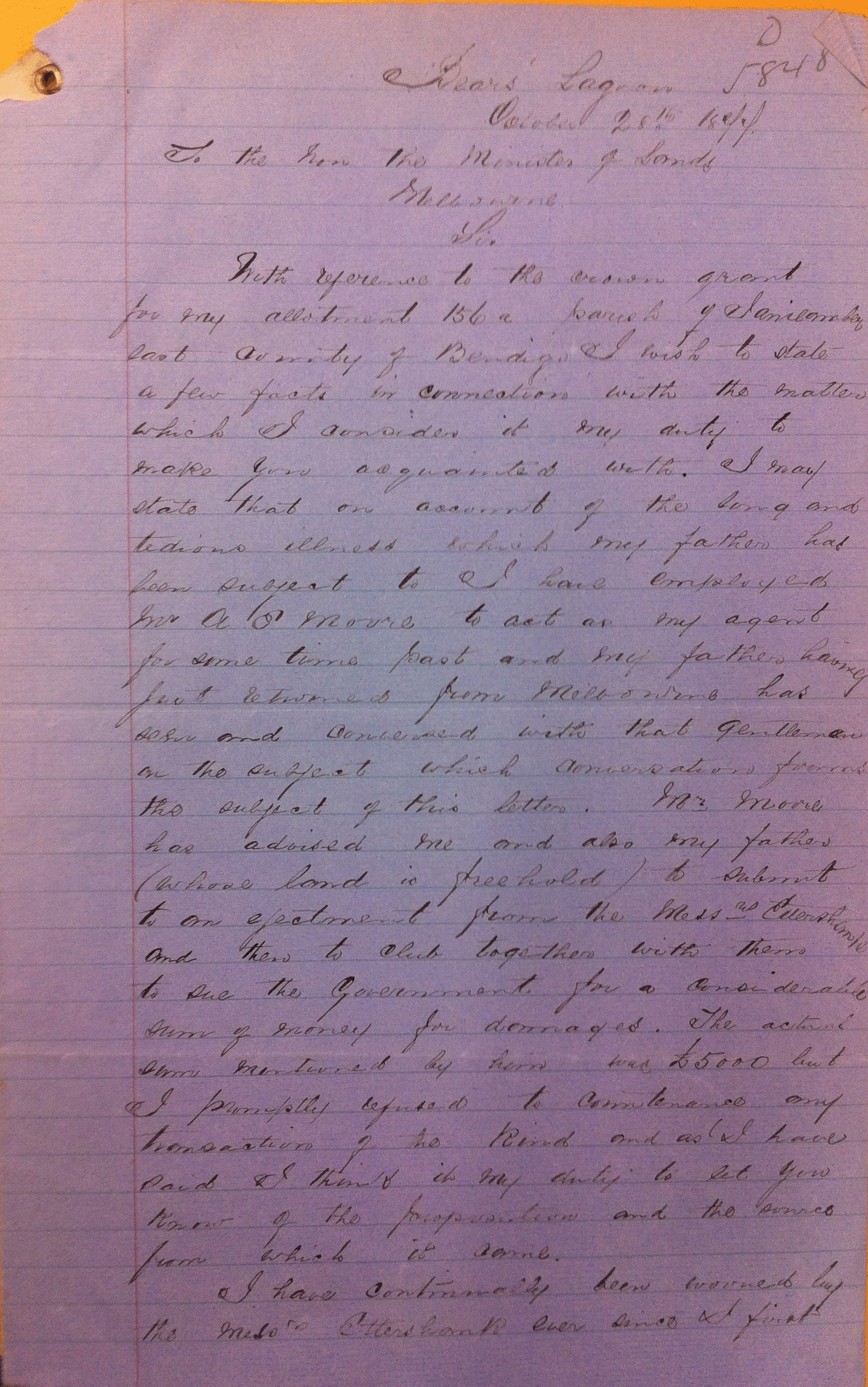William Doody, Bears Lagoon, letter to the Minister of Lands, 28 October 1877. PROV, VPRS 625/P0, Unit 353, Item 24567.