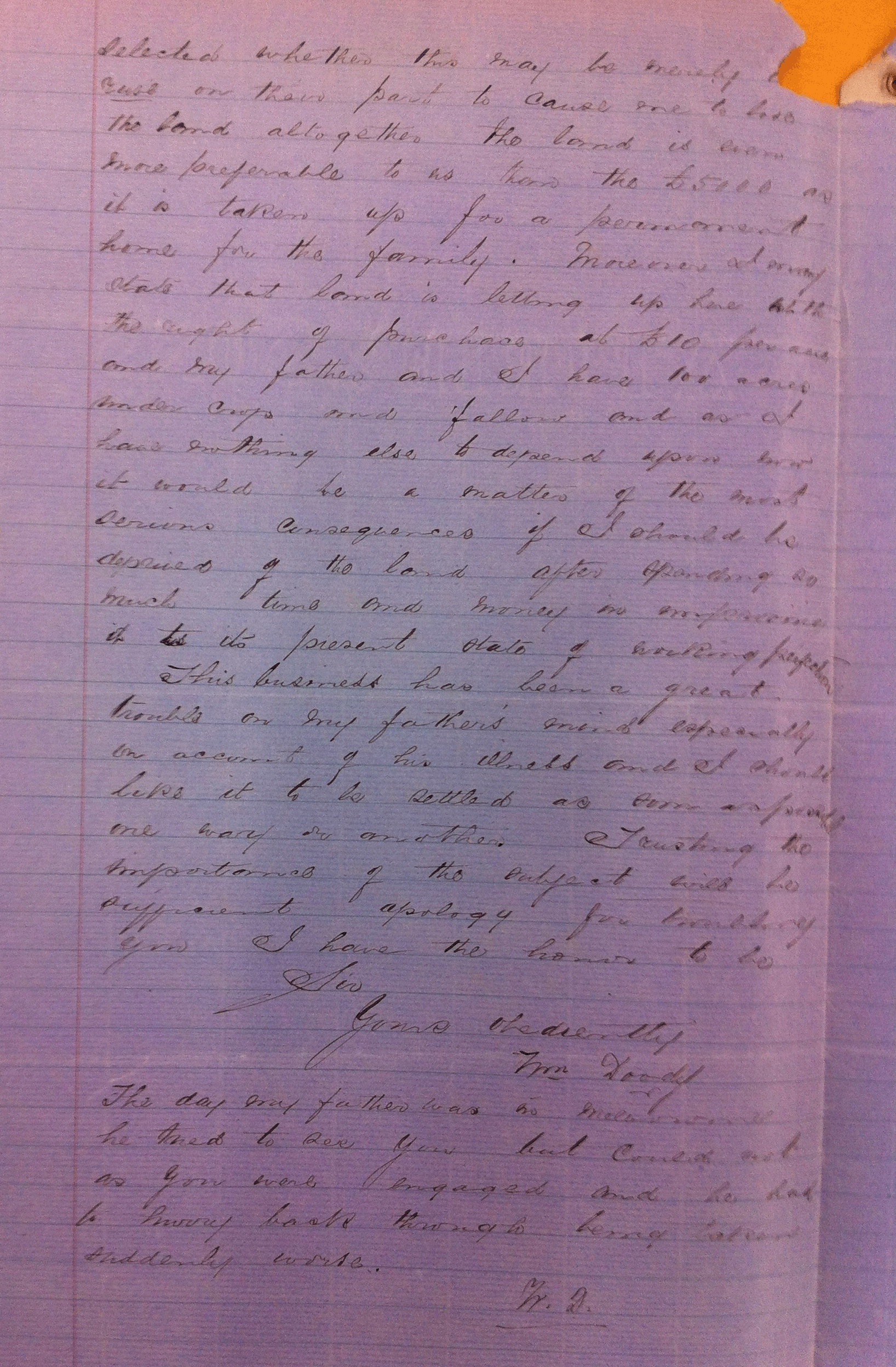 Colour image of handwritten letter to the Minister of Lands, 28 October 1877.