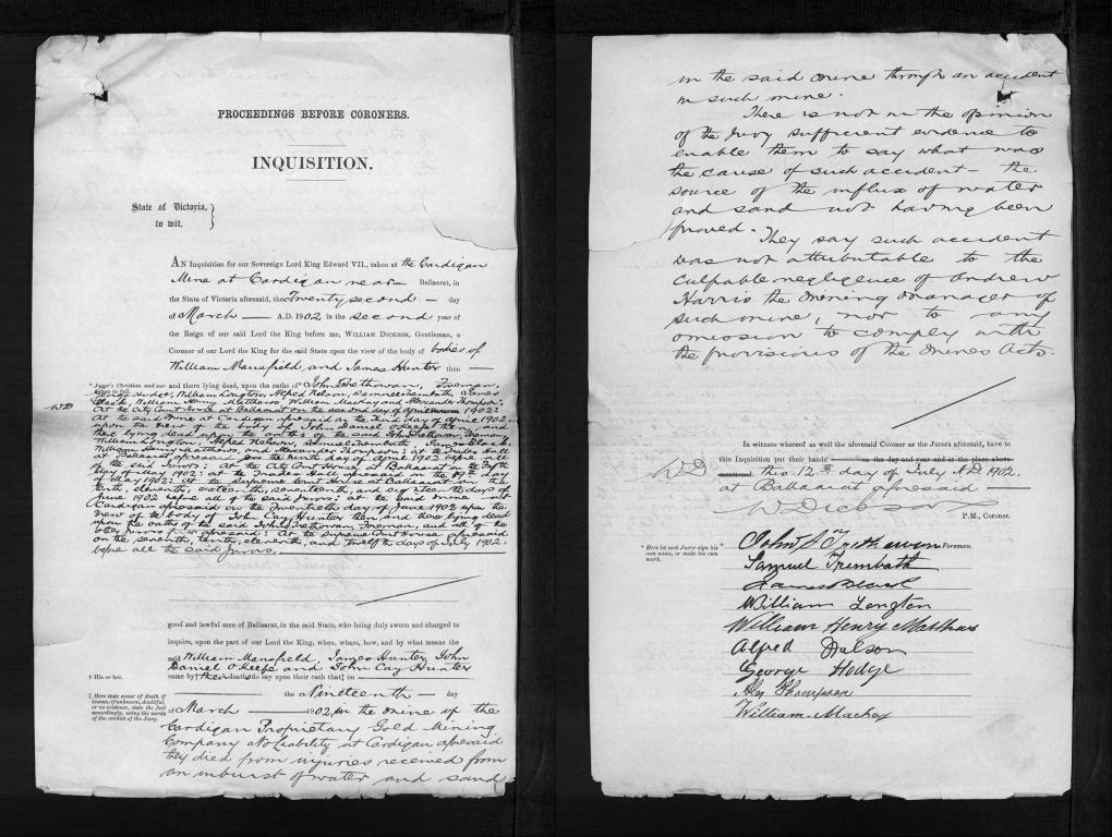 Two pages of a hand written inquest file