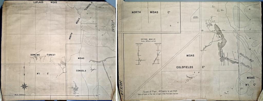 Two pages of mining maps of the Midas Goldfields