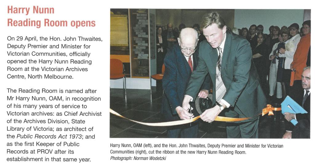 an article that shows Harry Nunn cutting a ribbon to open the reading room