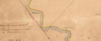 Figure 2: Frederick Byerley’s survey of the Boort pre-emptive right in 1857 marked in pink, which includes both sides of Kinypanial Creek. The yellow line shows the new pre-emptive allotment surveyed by Frederick Harding in 1862, with the right bank of the creek forming the boundary. PROV, VPRS 8168, Historic Plan Collection, P0007, PR: L41, Boort: Lake Boort.
