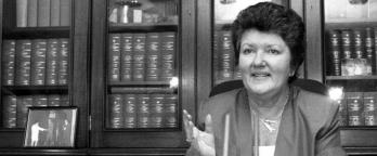Black and white photograph of Joan Kirner at her desk