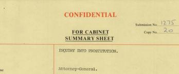 The top of the cabinet document titled inquiry into prostitution