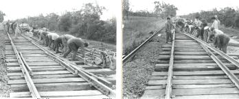 black and white photos of men working on a wooden track