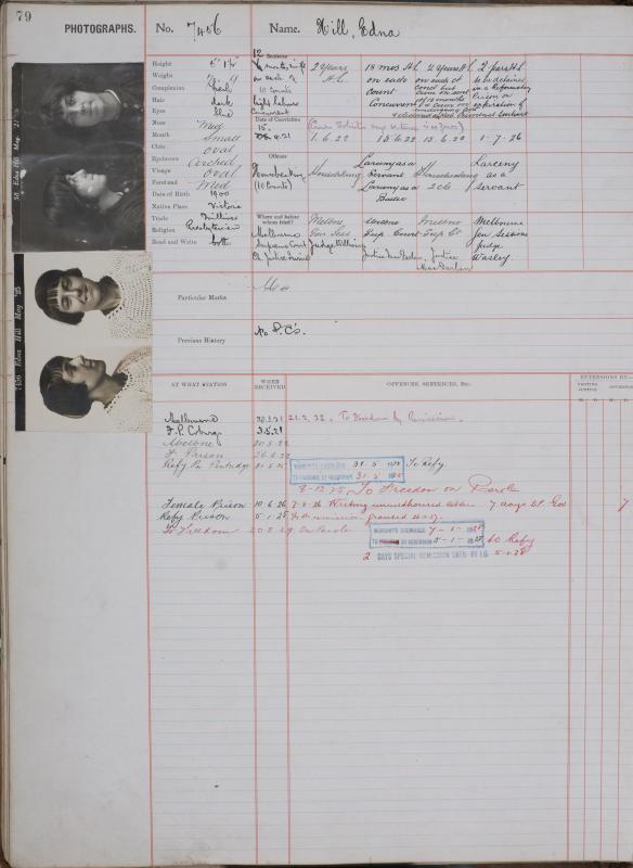 Edna Hill's full prison register page including the mugshots and lists of offences