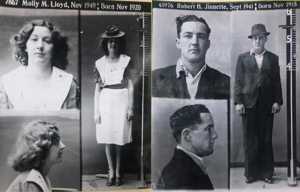 black and white mugshots of a woman and a man
