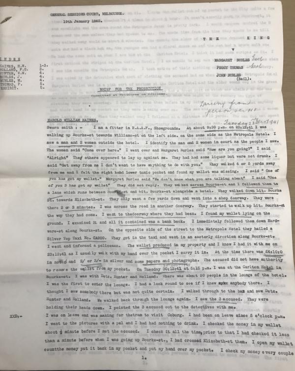 Top page of a typed crime brief