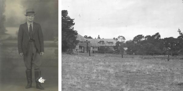 two black and white photos. one of a young man standing in a suit and ie, the other of a house with cleared land all around