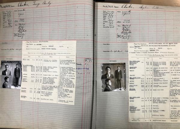 pages from two prison registers including two photos of very similar looking men