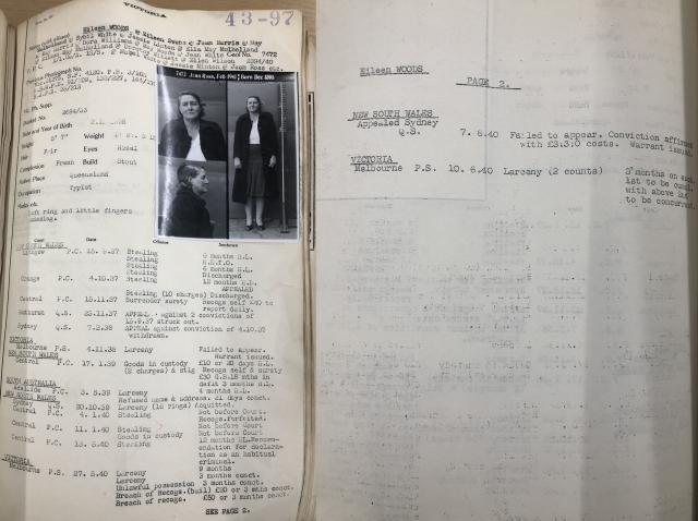 two pages of Eileen's file including one photo of her and list of interstate crimes