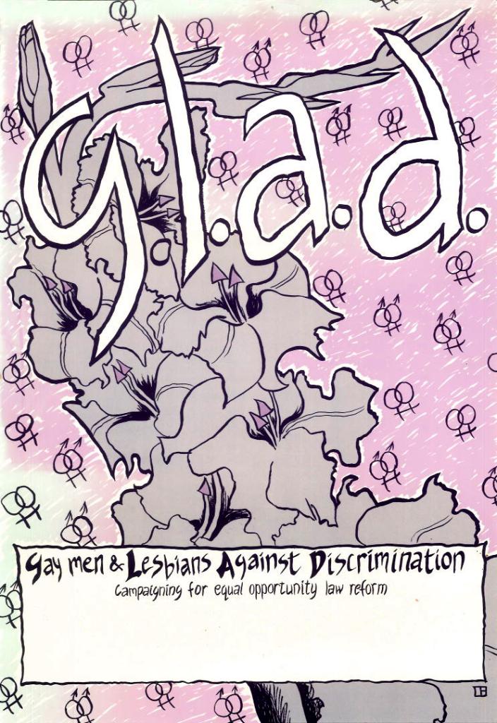 Colour reproduction of a hand drawn poster for GLAD with an image of gladioli flowers