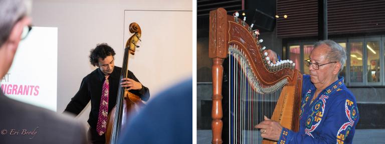 A double bass player and a harpist performing.