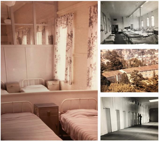 collage of photos of hospital begs, hallways and aerial view of a building